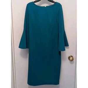 Calvin Klein, Blue/Teal Back Zip Sheath Dress with Bell Sleeves, Size 8